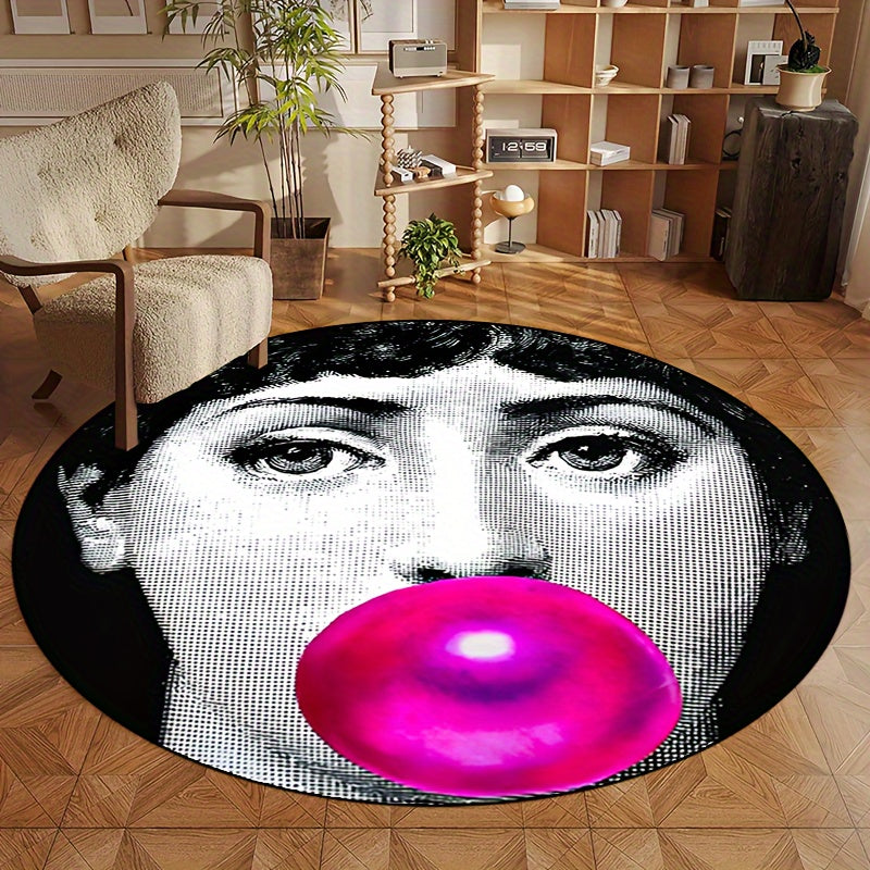 Woman Blowing Bubbles Ronde Tapijt - Antislip, Wasbaar, Zacht Polyester Tapijt voor Woonkamer, Slaapkamer, Hal, Patio, en Tuin