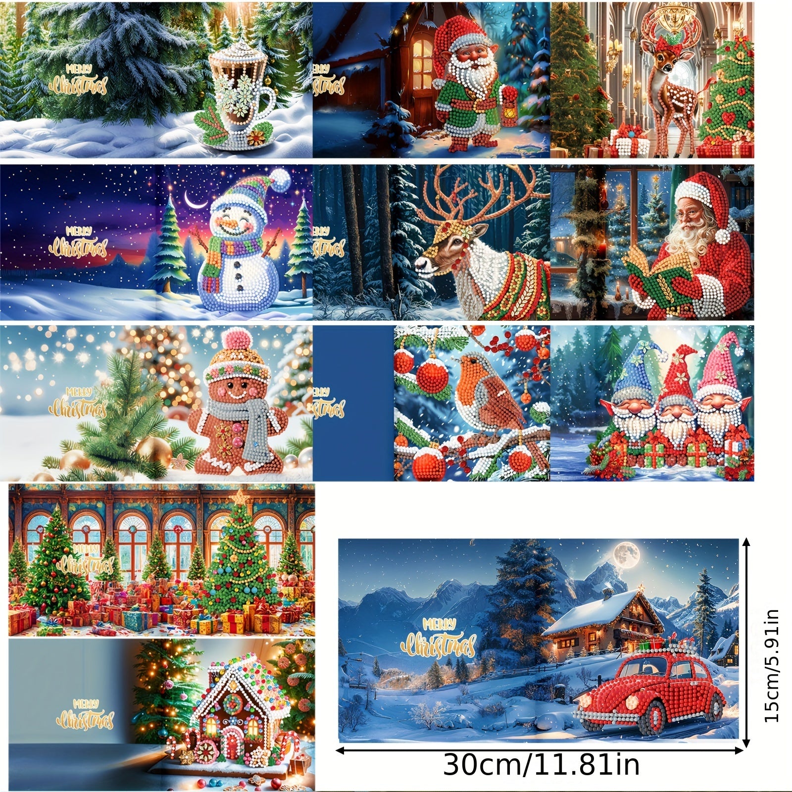 12pcs DIY Diamond Painting Christmas Card Kit - Santa & Dieren Ontwerpen, Feestelijke Groetekaarten voor Kerstwensen en Feestfavorieten