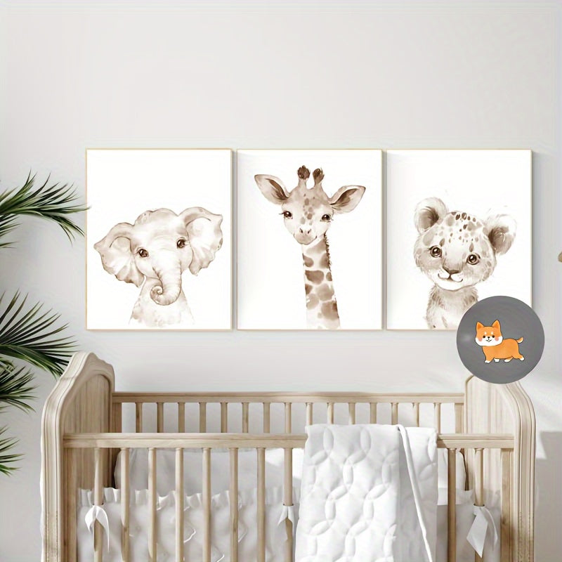 3-delige Canvas Dieren Wanddecoratie - Olifant, Giraf & Luipaard, Genderneutraal Babykamer Decor