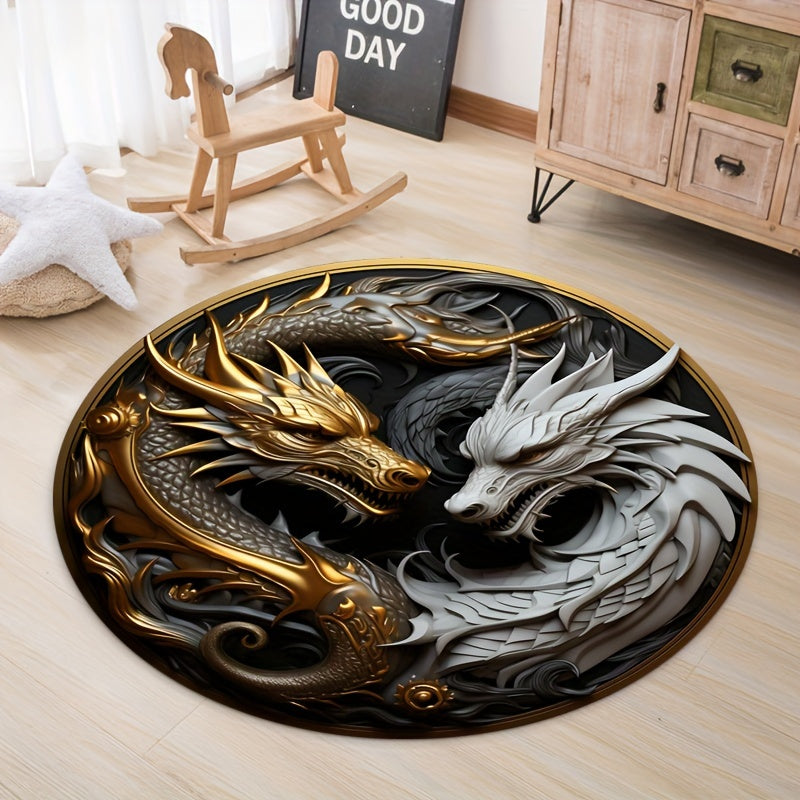 1pc Dragon Element Vloerkleed - Antislip Lounge Mat, Decoratief Rond Tapijt