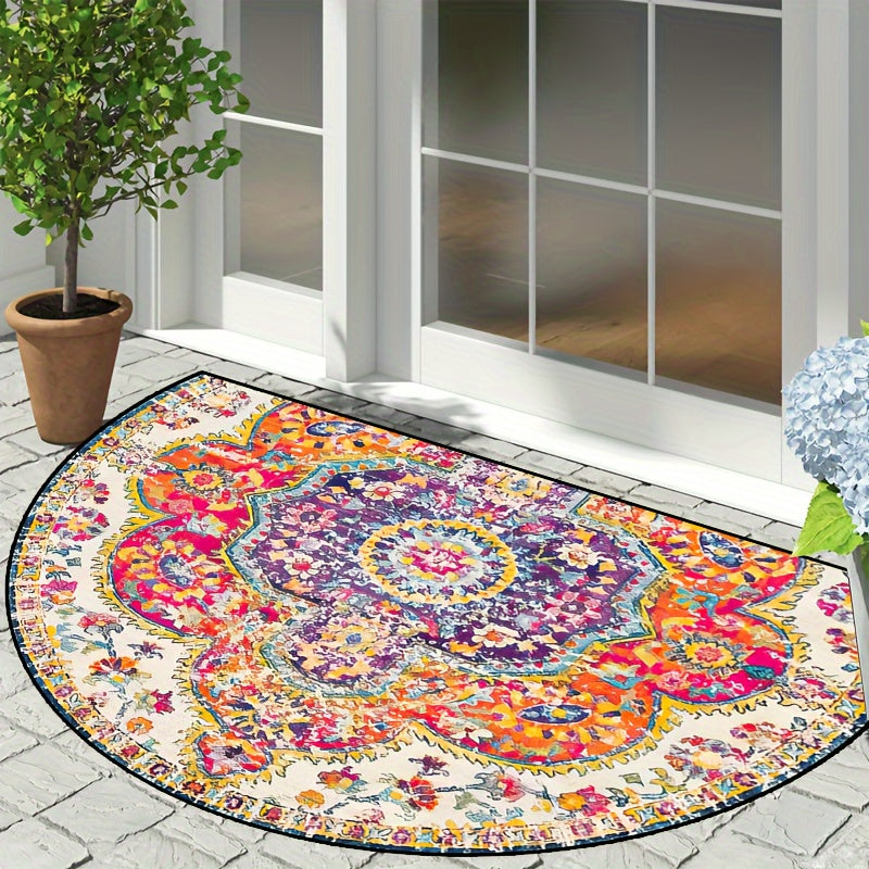 Bohemian Chic Halfrond Vloerkleed – Antislip, Machinewasbaar Polyester Mat in Blauw, Geel, Rood & Paars – Perfect voor Binnen/Buiten, Hal, Slaapkamer en Meer