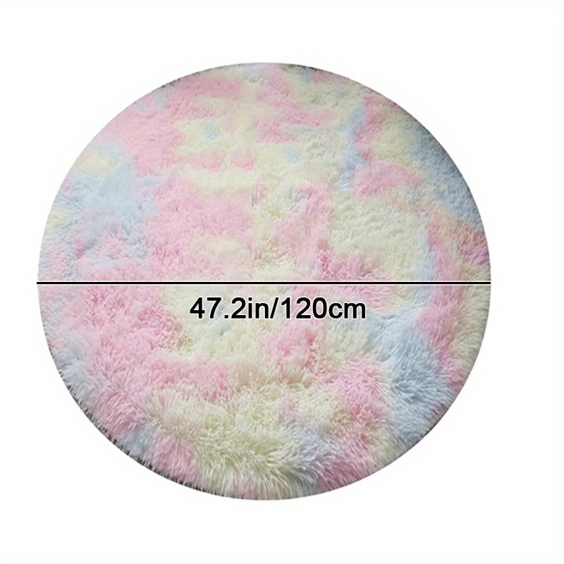 Ronde Regenboog Fluffy Vloerkleed – Tie Dye Kleurrijk, Zacht Speelkleed voor Kinderen, Slaapkamer of Woonkamer Decor