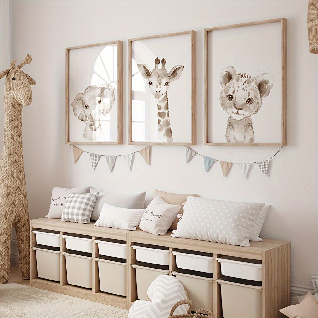 3-delige Canvas Dieren Wanddecoratie - Olifant, Giraf & Luipaard, Genderneutraal Babykamer Decor