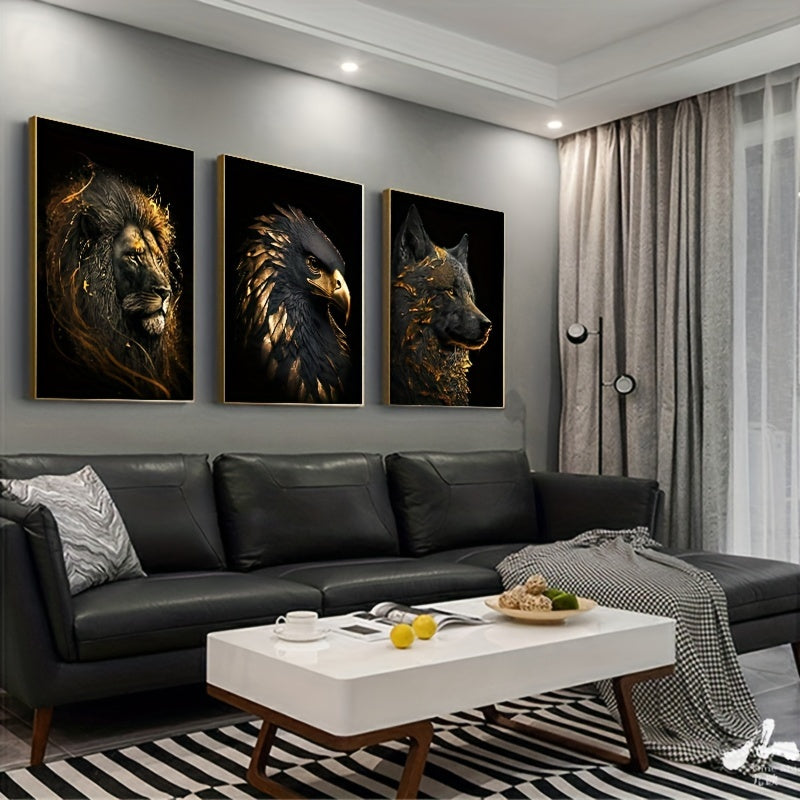 3pcs Unframed Canvas Poster - Moderne Kunst, Abstracte Schilderijen van de Gouden Leeuw en Arend, Ideaal Cadeau voor Slaapkamer, Woonkamer, Gang, Wanddecoratie, Winterdecoratie, Kamerversiering