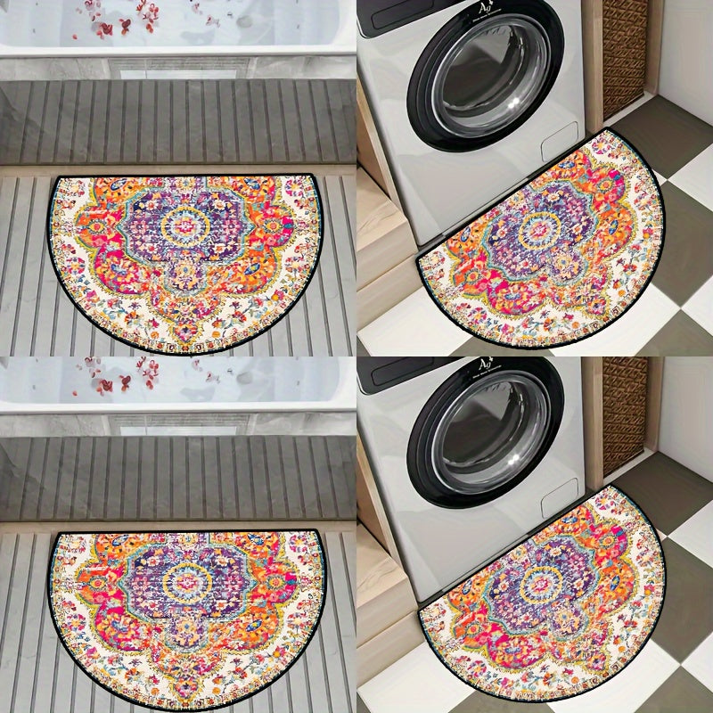 Bohemian Chic Halfrond Vloerkleed – Antislip, Machinewasbaar Polyester Mat in Blauw, Geel, Rood & Paars – Perfect voor Binnen/Buiten, Hal, Slaapkamer en Meer