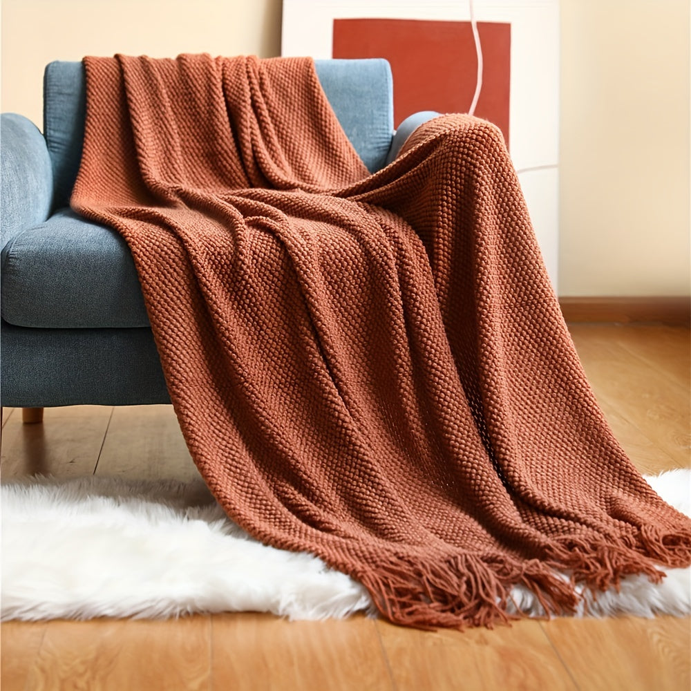 Knitted Throw Deken met Kwastjes - Lichtgewicht Bubbeltextuur Deken voor Bank, Bed en Huisdecoratie