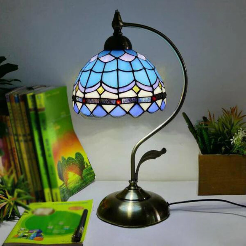 Tiffany Gooseneck Tafellamp - Metalen Nachtkastje Lamp met Handgesneden Glazen Kap