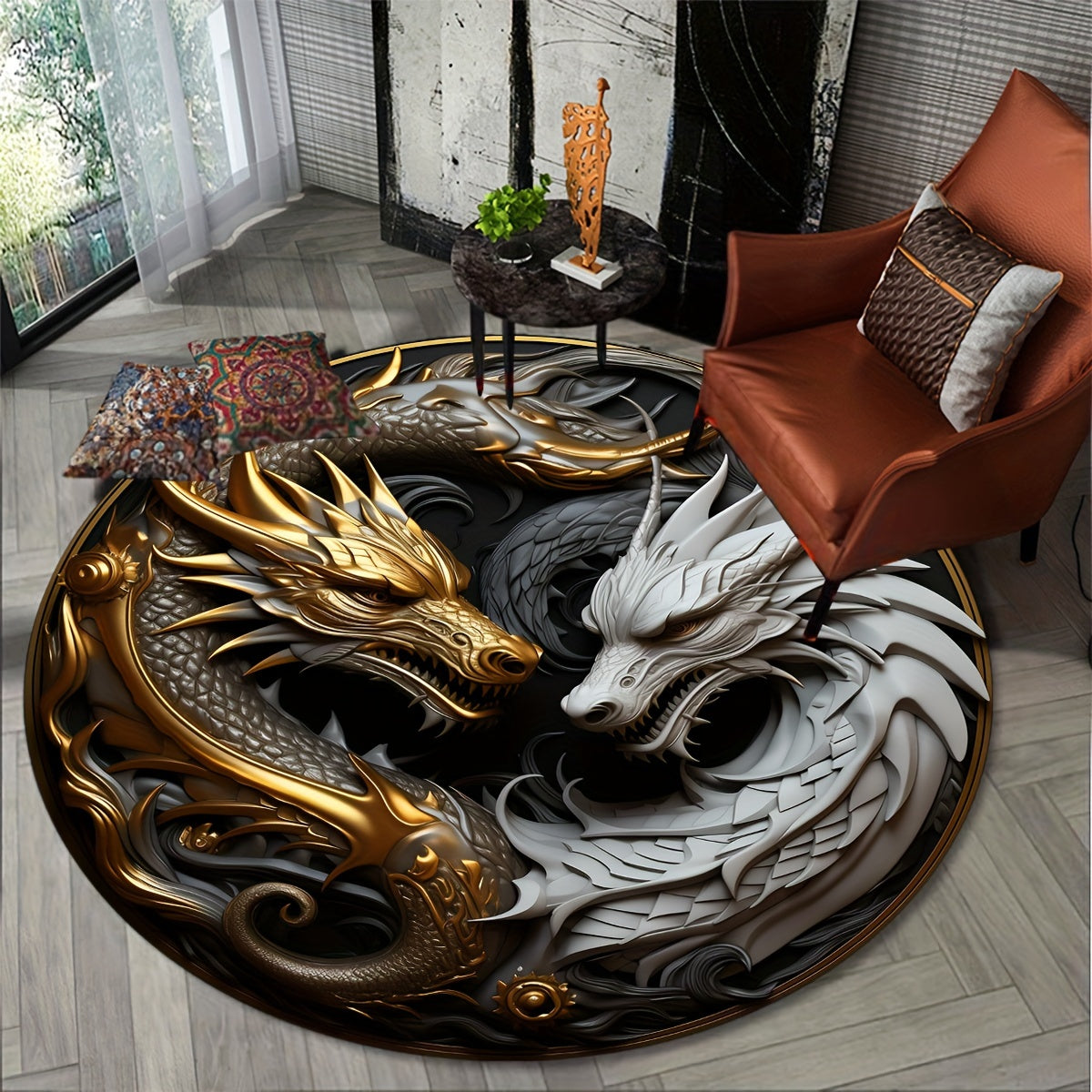 1pc Dragon Element Vloerkleed - Antislip Lounge Mat, Decoratief Rond Tapijt