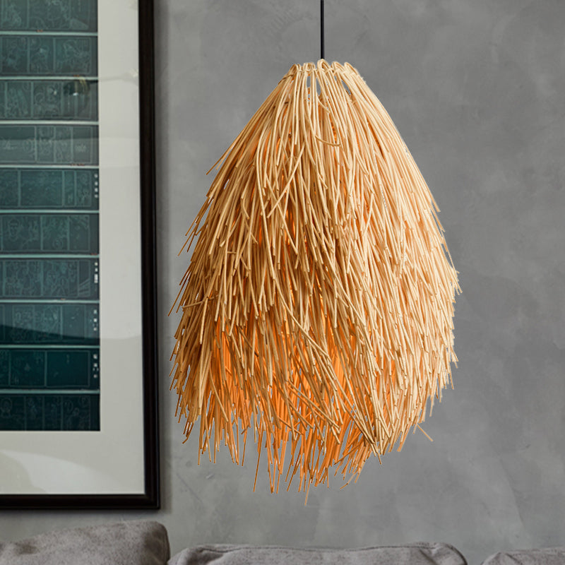 Beige Rieten Hanglamp - Aziatische Stijl 1-Lichts Pendelarmatuur voor Restaurant