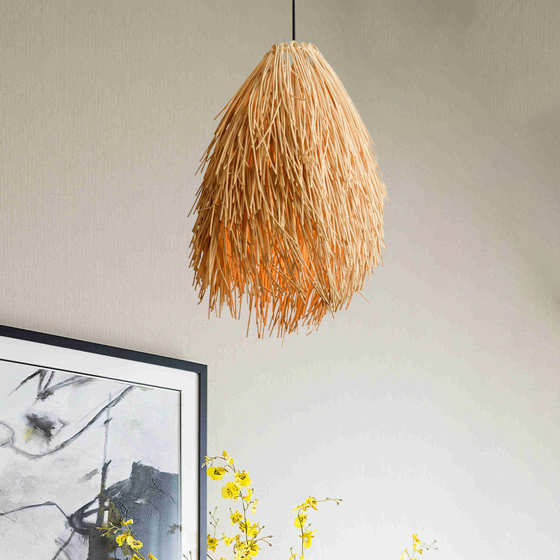 Beige Rieten Hanglamp - Aziatische Stijl 1-Lichts Pendelarmatuur voor Restaurant