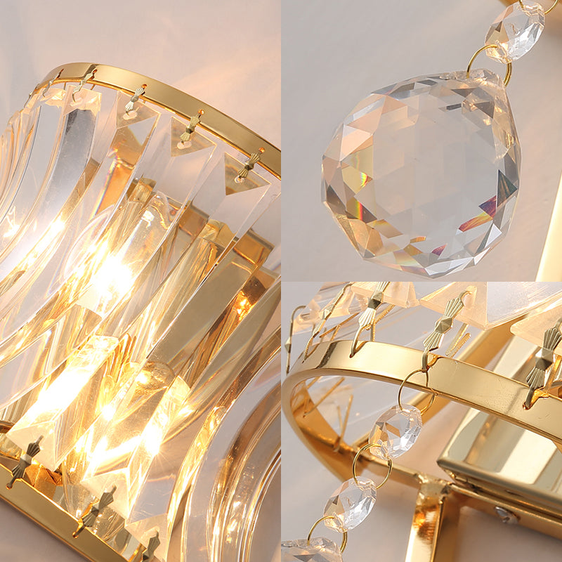 Vintage Drum Wall Light - Gouden Wandlamp met Helder Kristalprisma