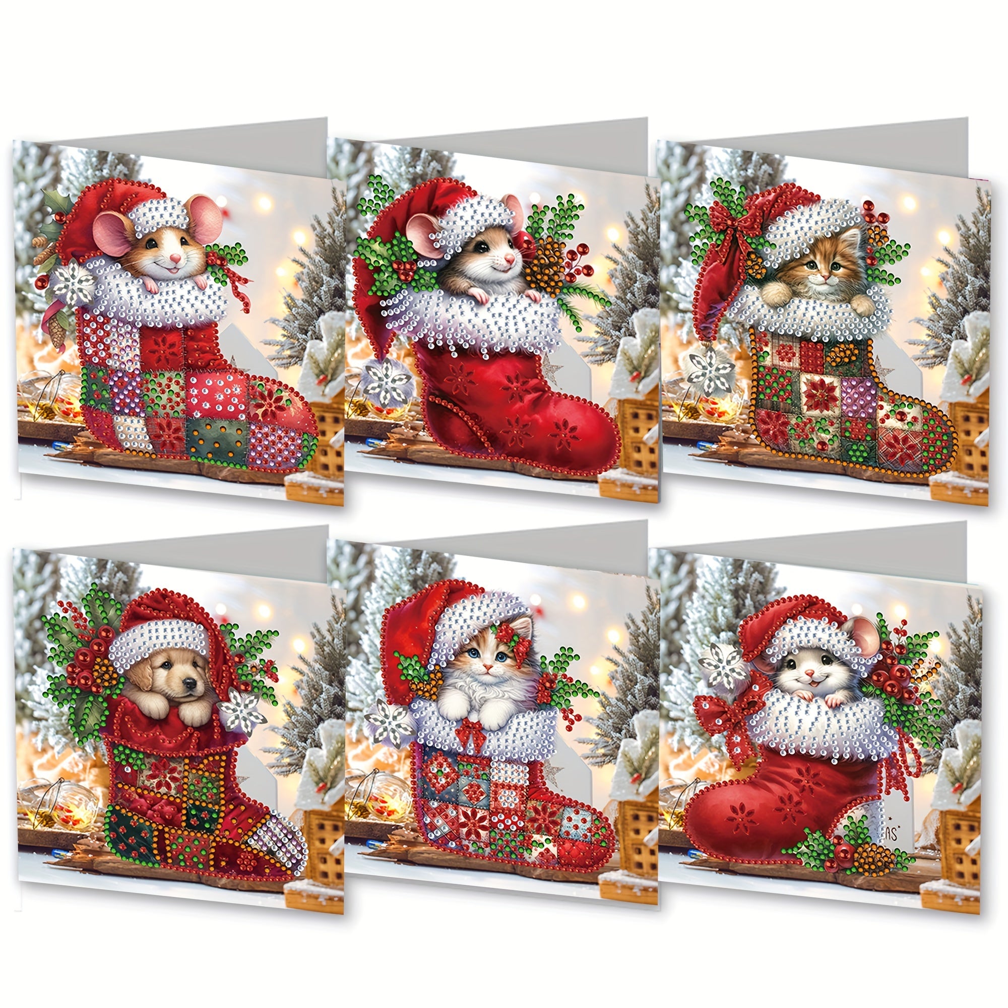 6 stuks Diamond Painting Wenskaarten Set - Kerst Puppy, Muis & Kitten Ontwerpen