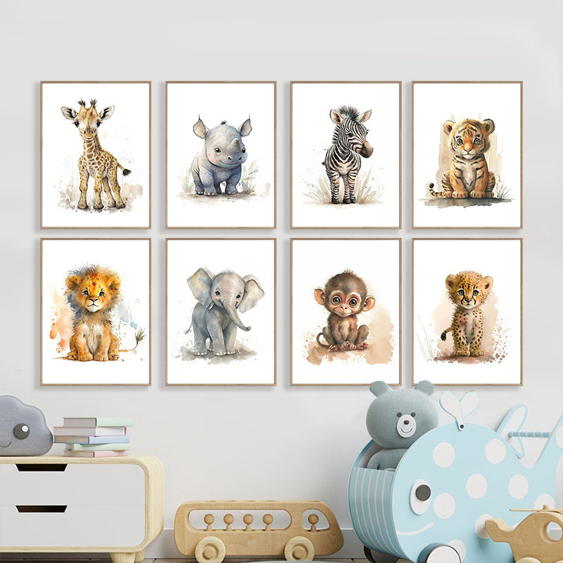 8 stuks Canvas Poster, Modern Kunst, Schattige Olifant Leeuw Giraffe Tijger Zebra, Kinderkamer Muurdecoratie, Dierenposters, Ideaal Cadeau voor Slaapkamer, Wanddecoratie, Geen Lijst