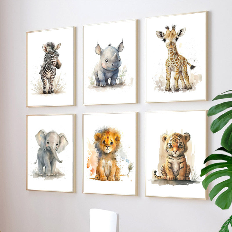 8 stuks Canvas Poster, Modern Kunst, Schattige Olifant Leeuw Giraffe Tijger Zebra, Kinderkamer Muurdecoratie, Dierenposters, Ideaal Cadeau voor Slaapkamer, Wanddecoratie, Geen Lijst