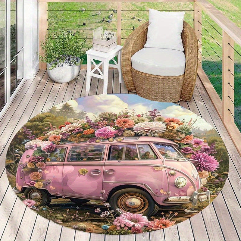 Roze Auto Bloemen Rond Vloerkleed - Antislip, Vlekbestendig, Waterdicht, Wasbaar, Zacht 100% Polyester Tapijt voor Thuis en Yoga