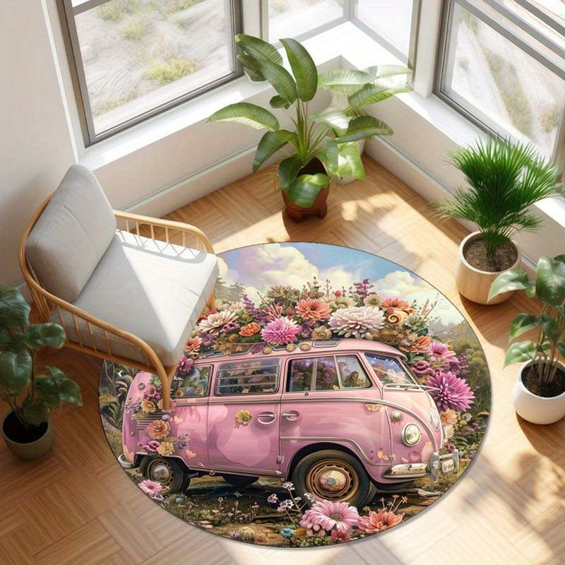 Roze Auto Bloemen Rond Vloerkleed - Antislip, Vlekbestendig, Waterdicht, Wasbaar, Zacht 100% Polyester Tapijt voor Thuis en Yoga