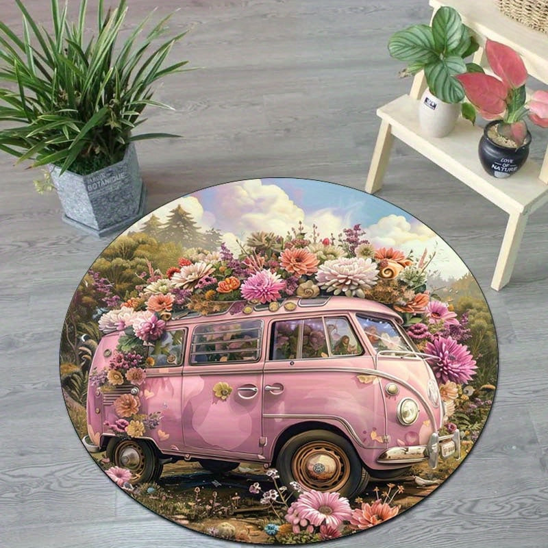 Roze Auto Bloemen Rond Vloerkleed - Antislip, Vlekbestendig, Waterdicht, Wasbaar, Zacht 100% Polyester Tapijt voor Thuis en Yoga