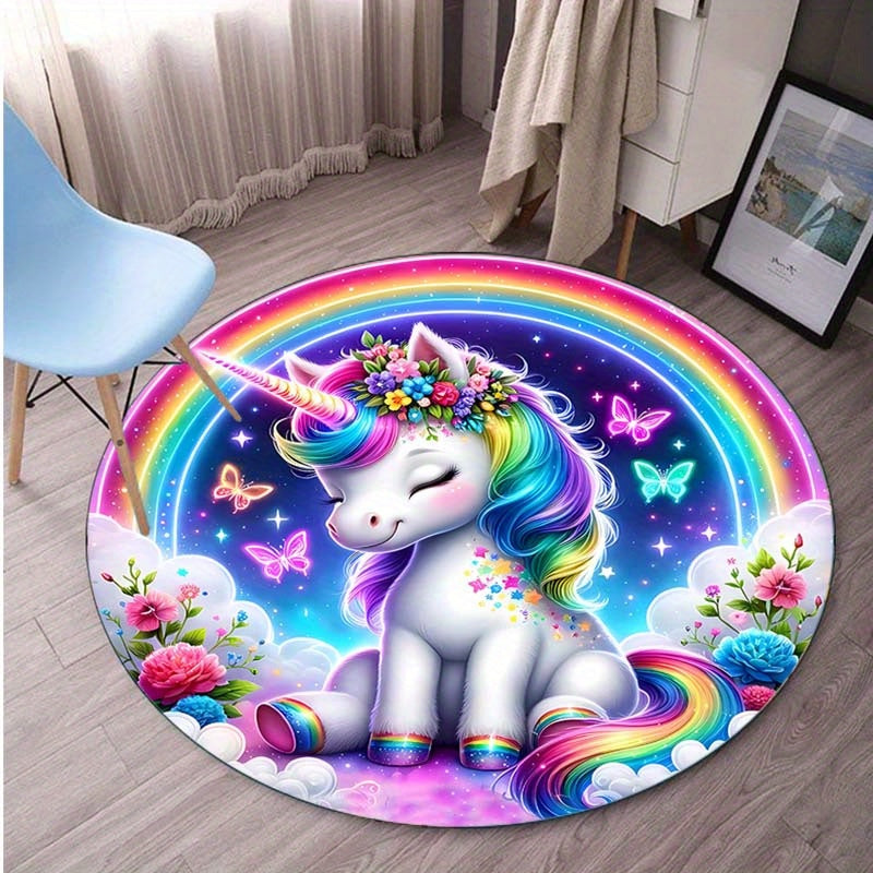 Zacht & Wasbaar Regenboog Eenhoorn Rond Vloerkleed - Antislip Pluche Polyester, Perfect voor Woonkamer, Slaapkamer, Eetkamer