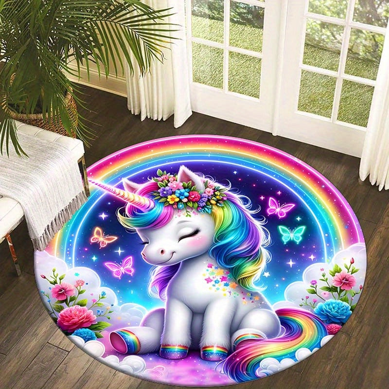 Zacht & Wasbaar Regenboog Eenhoorn Rond Vloerkleed - Antislip Pluche Polyester, Perfect voor Woonkamer, Slaapkamer, Eetkamer