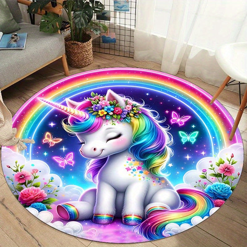 Zacht & Wasbaar Regenboog Eenhoorn Rond Vloerkleed - Antislip Pluche Polyester, Perfect voor Woonkamer, Slaapkamer, Eetkamer