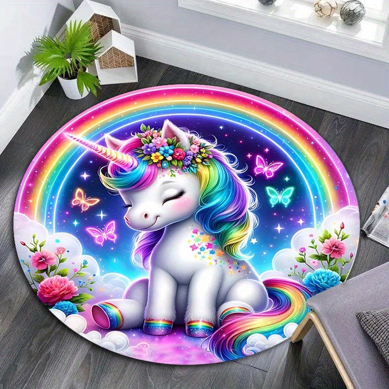 Zacht & Wasbaar Regenboog Eenhoorn Rond Vloerkleed - Antislip Pluche Polyester, Perfect voor Woonkamer, Slaapkamer, Eetkamer