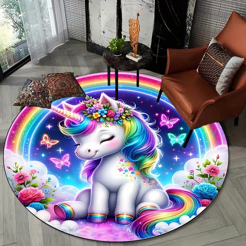 Zacht & Wasbaar Regenboog Eenhoorn Rond Vloerkleed - Antislip Pluche Polyester, Perfect voor Woonkamer, Slaapkamer, Eetkamer