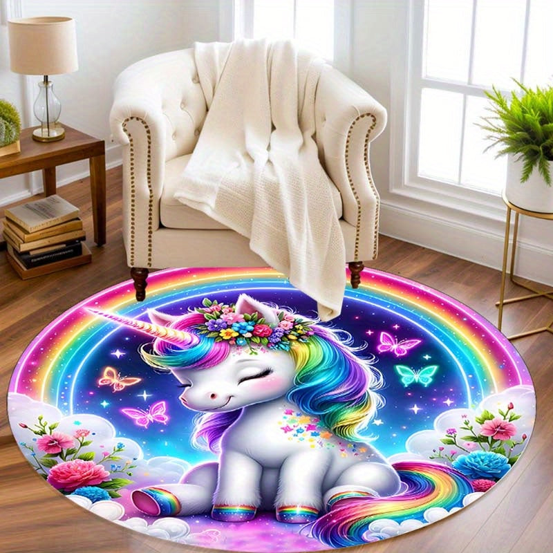 Zacht & Wasbaar Regenboog Eenhoorn Rond Vloerkleed - Antislip Pluche Polyester, Perfect voor Woonkamer, Slaapkamer, Eetkamer