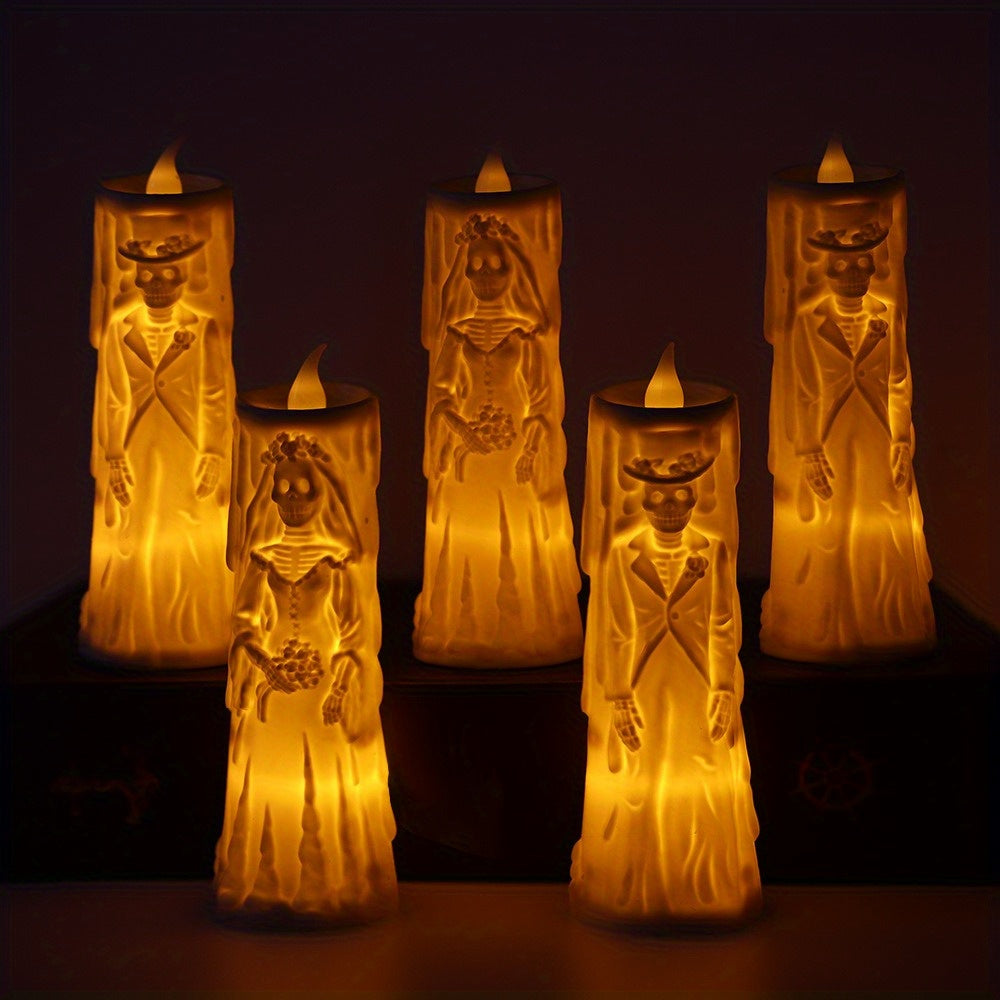 Spooky LED Kaarsen Set: Glowing Schedel Bruid & Bruidegom - Perfect voor Halloween en Feestdecoratie