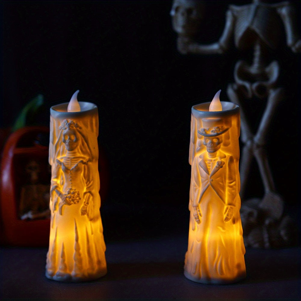 Spooky LED Kaarsen Set: Glowing Schedel Bruid & Bruidegom - Perfect voor Halloween en Feestdecoratie