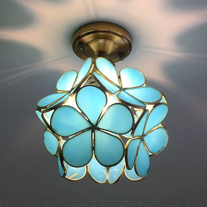 Retro Style Colored Glass Ceiling Lamp with Flower Pattern