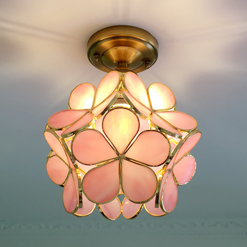 Retro Style Colored Glass Ceiling Lamp with Flower Pattern