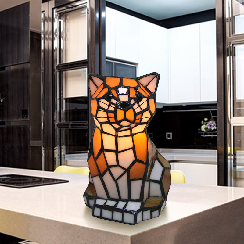 Bruine Kat Tiffany Lamp - Gebrandschilderd Glas Tafellamp met Kleurrijk Ontwerp