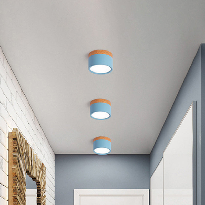 Kleine Plafondlamp Macaron Metaal Keuken Bar Flush Mount Verlichting in Geel/Blauw/Zwart en Hout