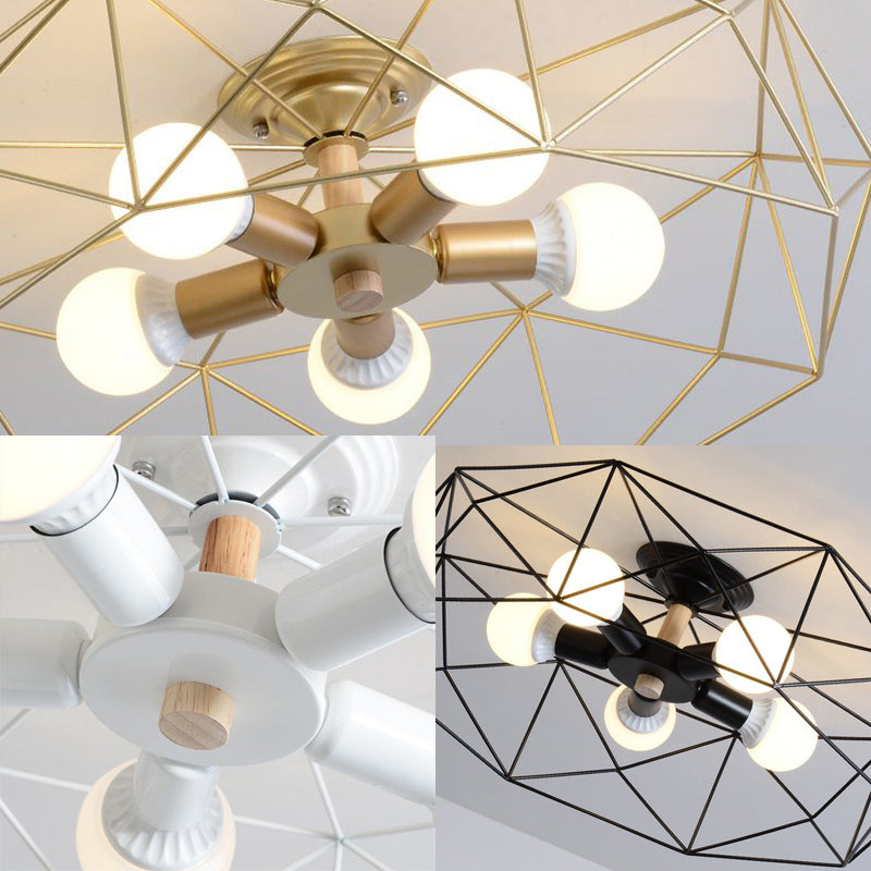 GeoLight – Geometrische Semi-Flush Plafondlamp met Draadkooi in Metaal