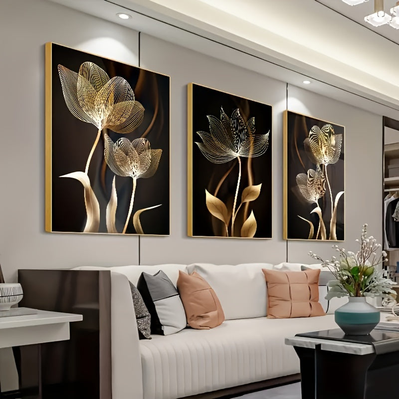 3-delige Luxe Canvas Posters - Gouden Bloemen Kunstwerken, Wanddecoratie voor Woonkamer, Slaapkamer, Kantoor, Hal en Keuken, Zonder Lijst