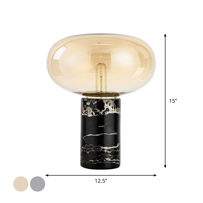 Postmoderne Ovale Nachtlamp - Grijs/Amber Glazen Tafellamp met Zwart Marmeren Basis