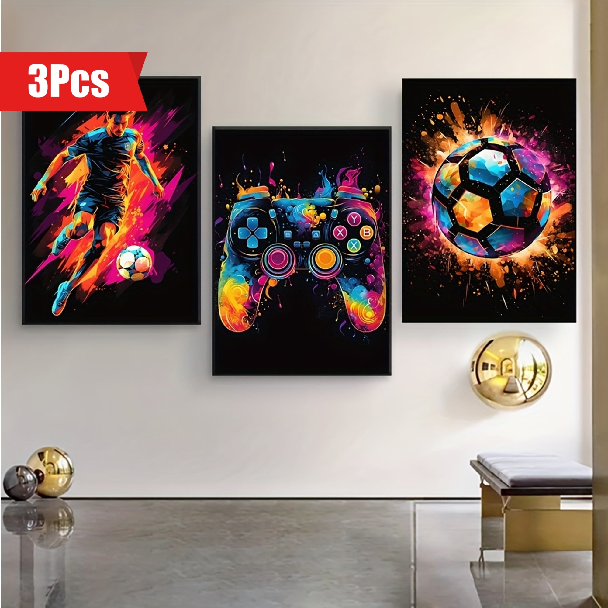 3-delige Canvas Poster Set - Modern Art, Abstract Voetbal Poster, Decoratieve Game Controller Kleurensplash, Wanddecoratie zonder Lijst