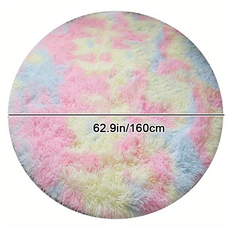 Ronde Regenboog Fluffy Vloerkleed – Tie Dye Kleurrijk, Zacht Speelkleed voor Kinderen, Slaapkamer of Woonkamer Decor