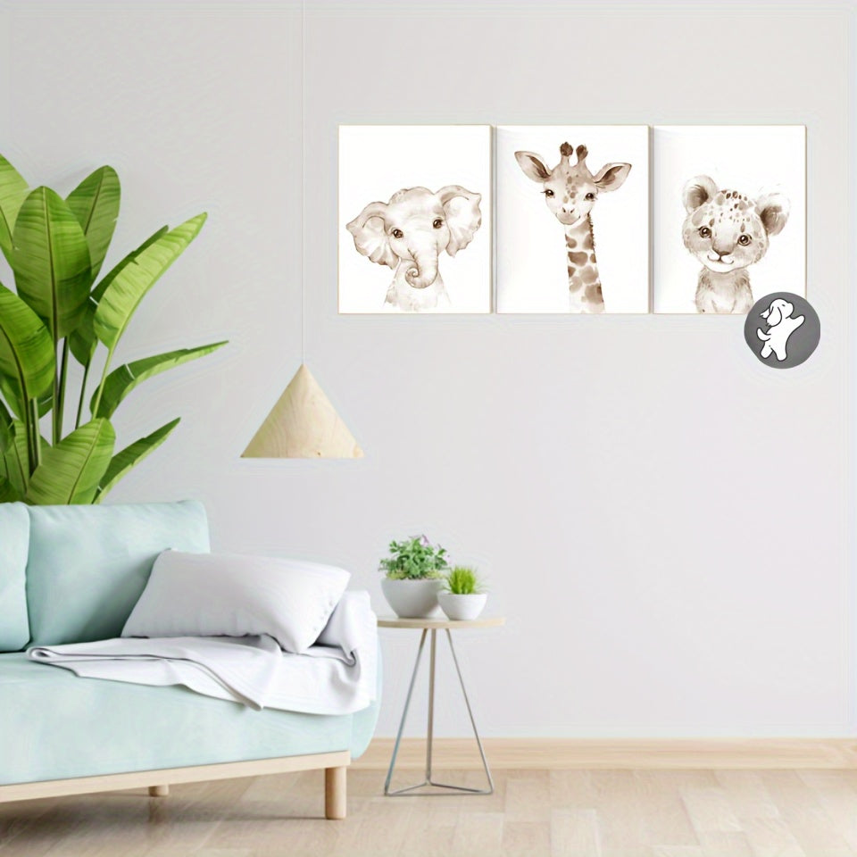 3-delige Canvas Dieren Wanddecoratie - Olifant, Giraf & Luipaard, Genderneutraal Babykamer Decor