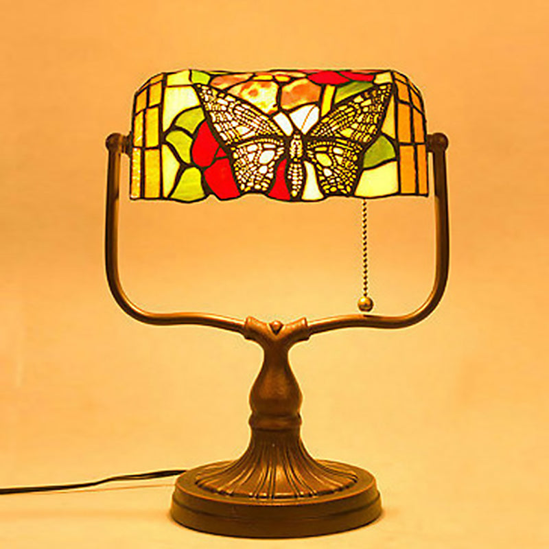 TiffanyBanker - Handgesneden Witte Bankierslamp met Vlinderpatroon