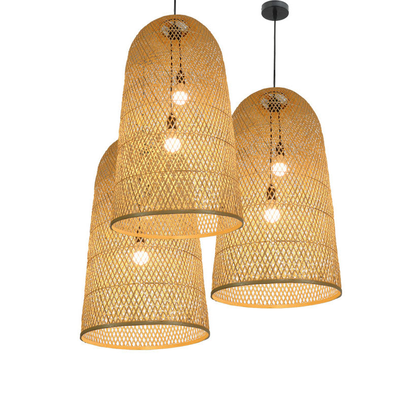 Elegante Bamboe Hanglamp - Aziatische 2-Lichts Houten Drielamp voor Woonkamer