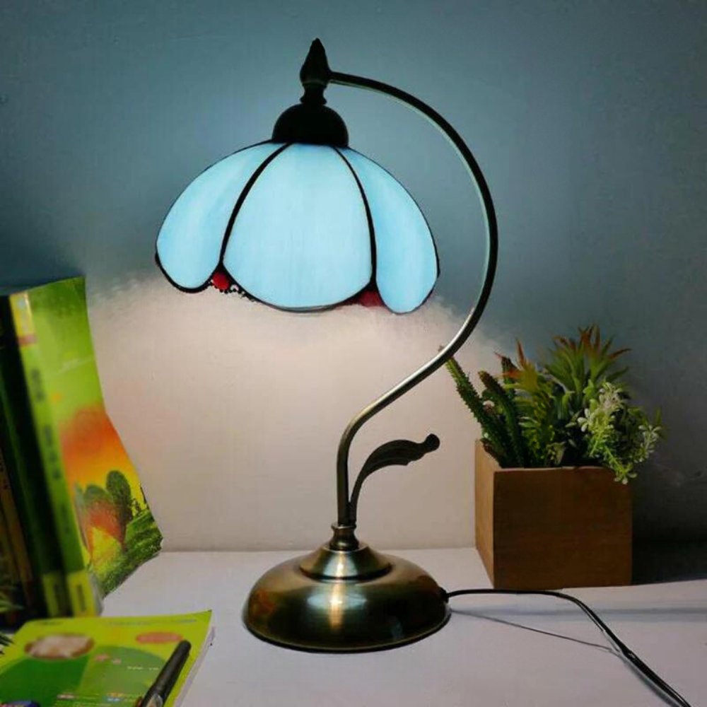 Tiffany Gooseneck Tafellamp - Metalen Nachtkastje Lamp met Handgesneden Glazen Kap