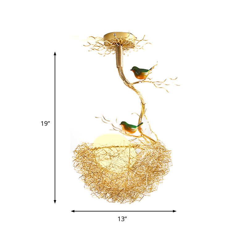 Gouden Hanglamp met Melkwit Glazen Bol en Vogels