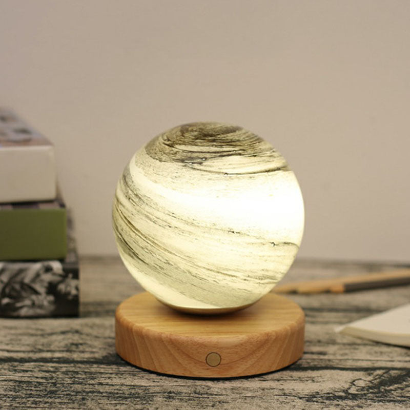 Glazen Planeet Mini Nachtlamp - Postmoderne Tafellamp met Houten Basis