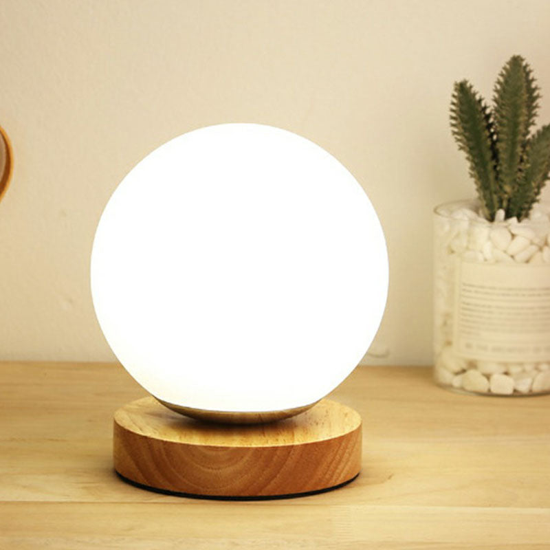 Glazen Planeet Mini Nachtlamp - Postmoderne Tafellamp met Houten Basis