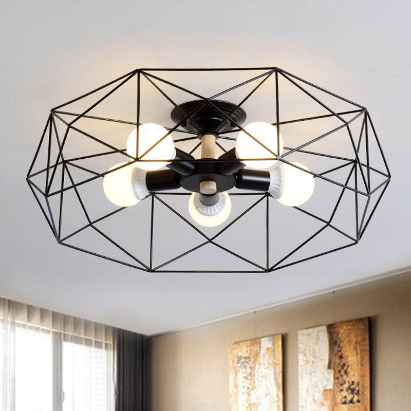 GeoLight – Geometrische Semi-Flush Plafondlamp met Draadkooi in Metaal