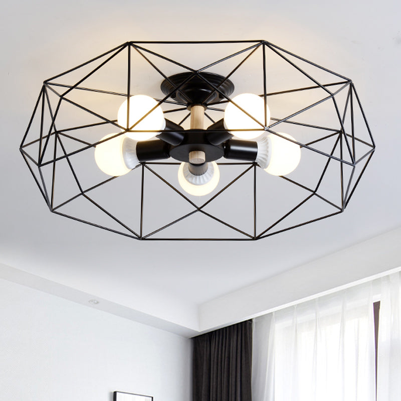 GeoLight – Geometrische Semi-Flush Plafondlamp met Draadkooi in Metaal