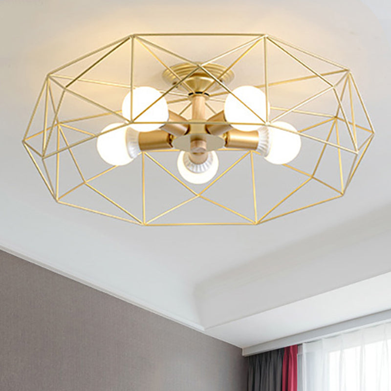 GeoLight – Geometrische Semi-Flush Plafondlamp met Draadkooi in Metaal