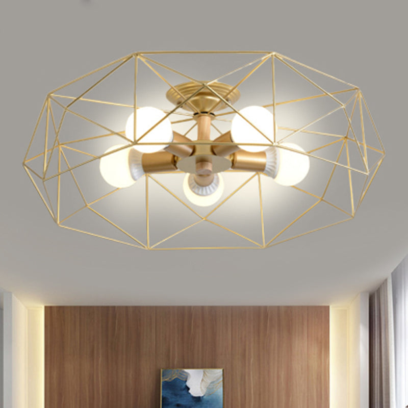 GeoLight – Geometrische Semi-Flush Plafondlamp met Draadkooi in Metaal