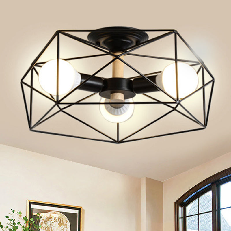 GeoLight – Geometrische Semi-Flush Plafondlamp met Draadkooi in Metaal